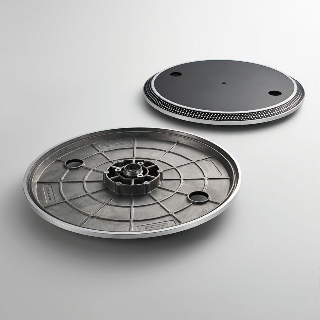Two-layer aluminium die-cast platter with vibration-damping rubber
